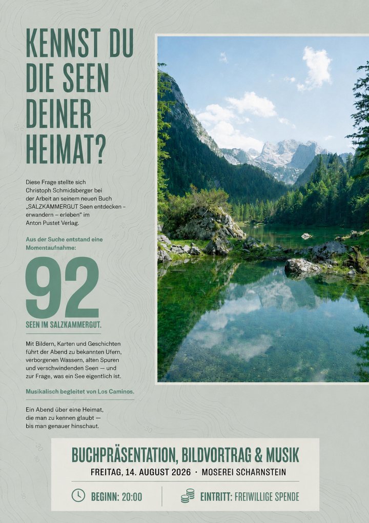 Flyer zur Buchpräsentation am 14. August 2026 in der Moserei